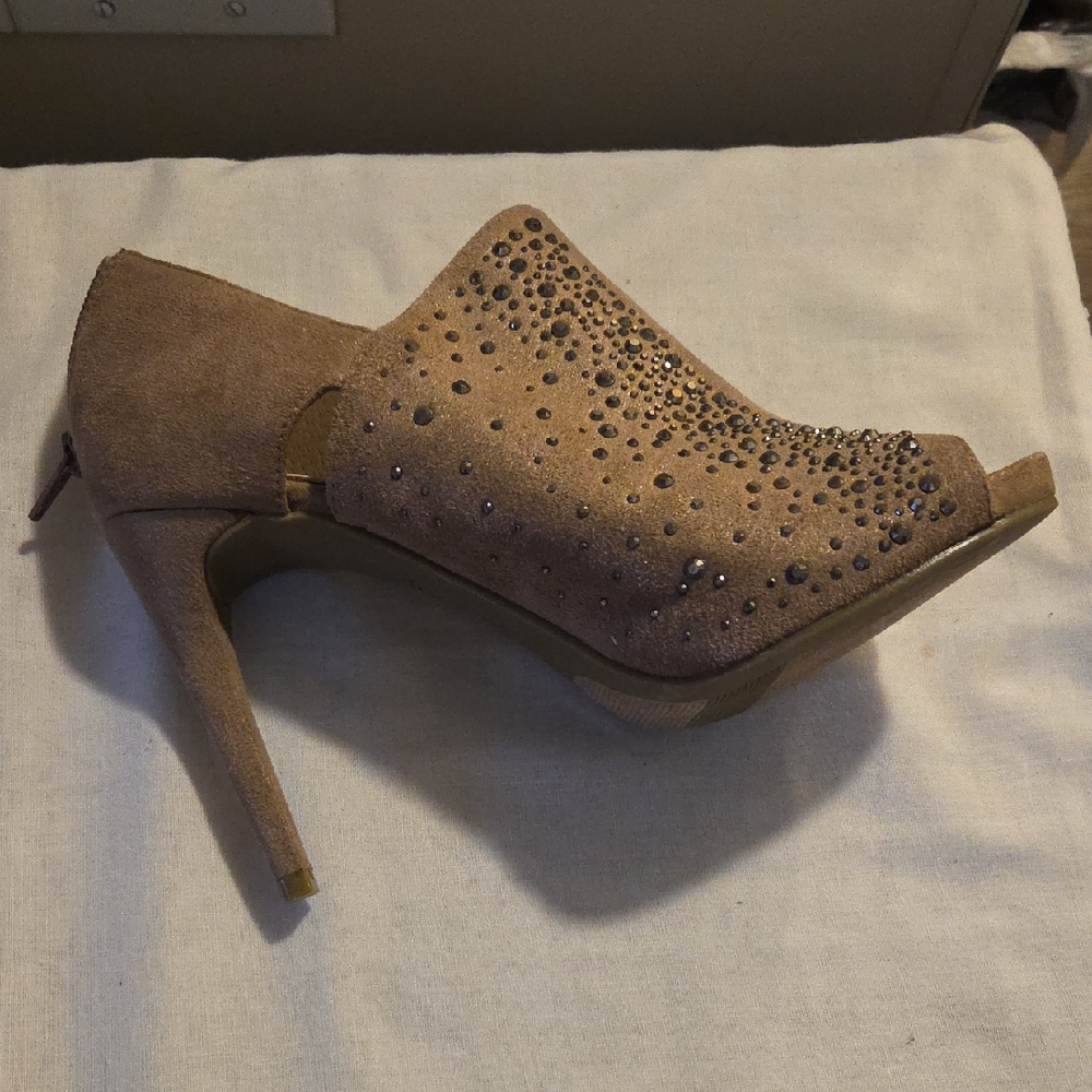 Jennifer Lopez Suede Peep-Toe High Heel Bootie with Stud Accents Tan Size 7 1/2